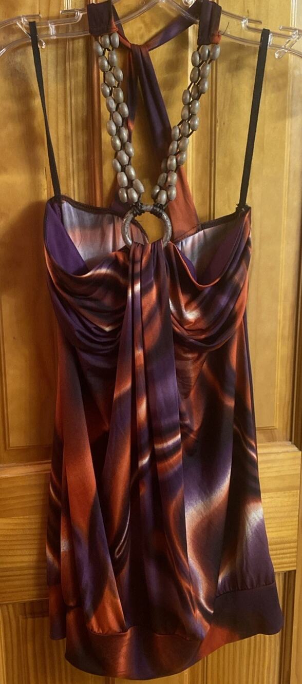 Mandee Y2K Purple And Orange Halter Top with Wooden Beads On Neckline Size M